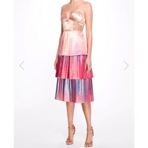 Marchesa Sleeveless Radiating Shimmer Ombré Cocktail Dress with Tiers